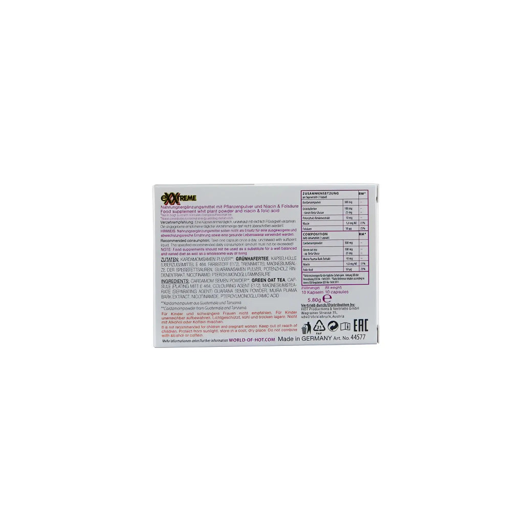White rectangular box of xtreme hot ero exxtreme libido pills woman 10 pc showing ingredients and nutritional info on back