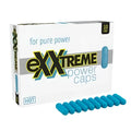 Blue capsule pills in a white box labeled exxtreme power caps for pure power hot ero exxtreme power pills man 10 pc