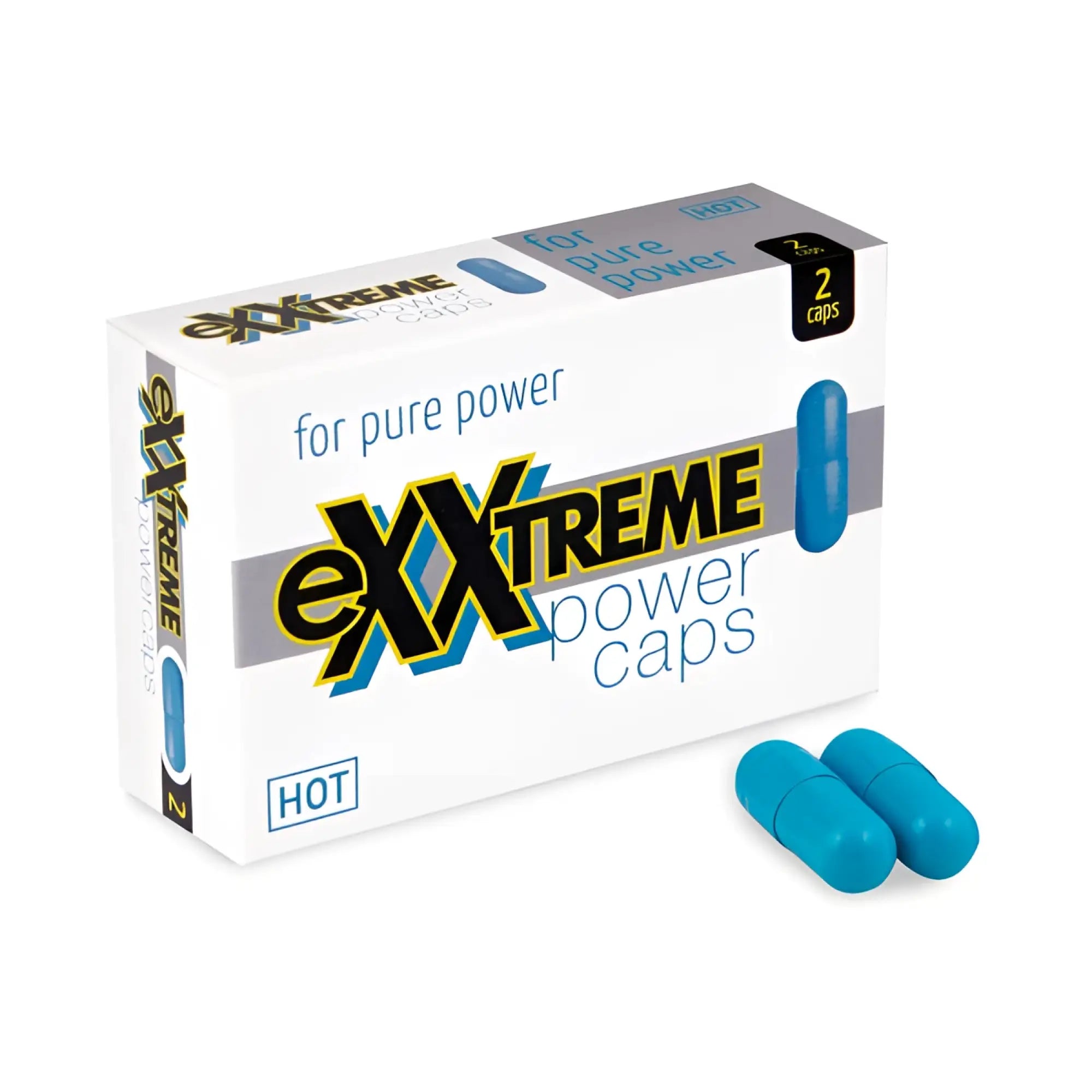 Blue capsule shaped exxtreme power caps in white and gray box for hot ero exxtreme power pills man 2 pc