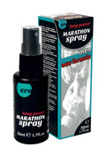 Black spray bottle with clear nozzle labeled ero long power marathon spray for men 50ml endurance use