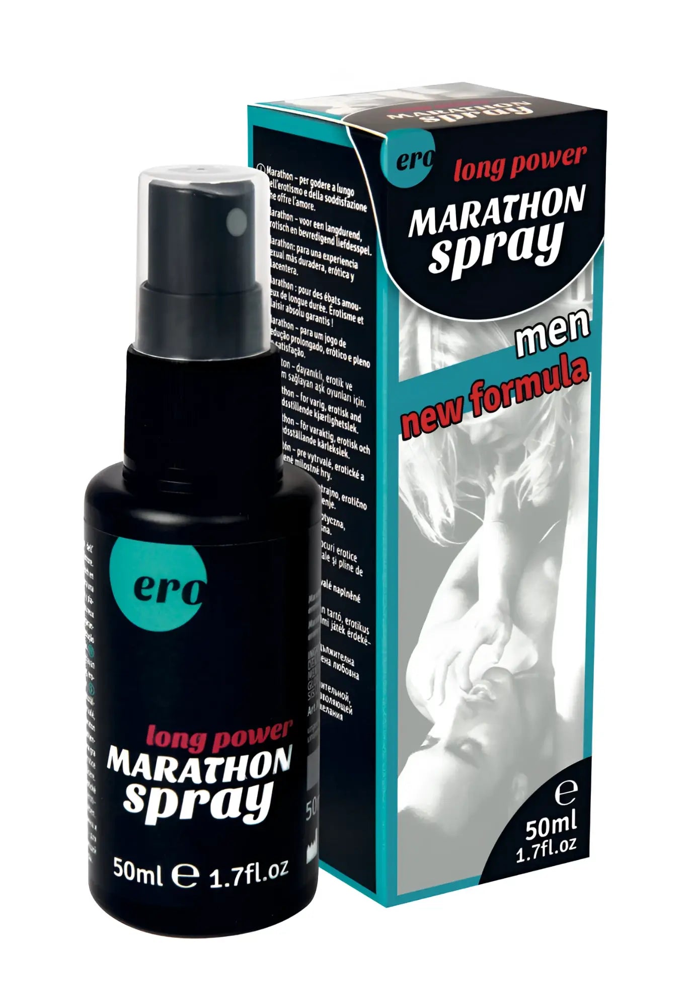 Black spray bottle with clear nozzle labeled ero long power marathon spray for men 50ml endurance use