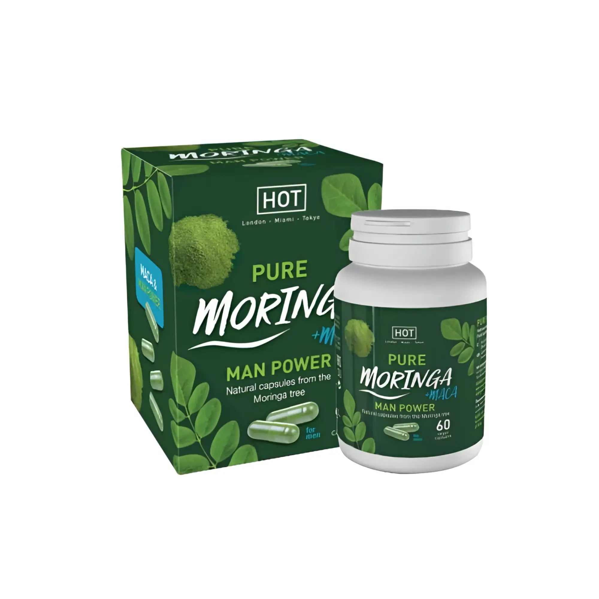 White plastic bottle with green pure moringa man power label and dark green box for hot ero hot moringa men 60 pill libido