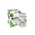 White plastic bottle of hot pure moringa and damiana libido power capsules with green leaf design 60 count