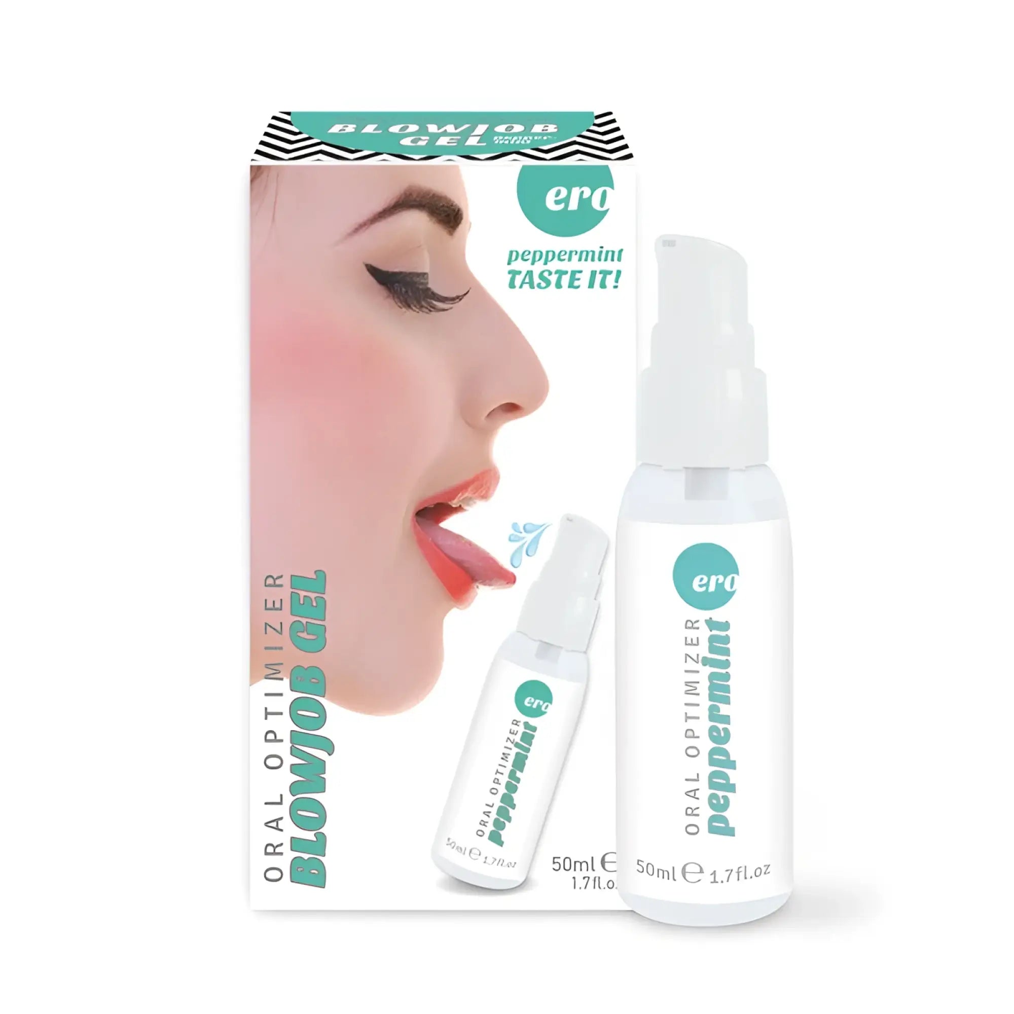 White spray bottle with teal peppermint label and pump dispenser for hot ero oral optimizer blowjob gel 50ml