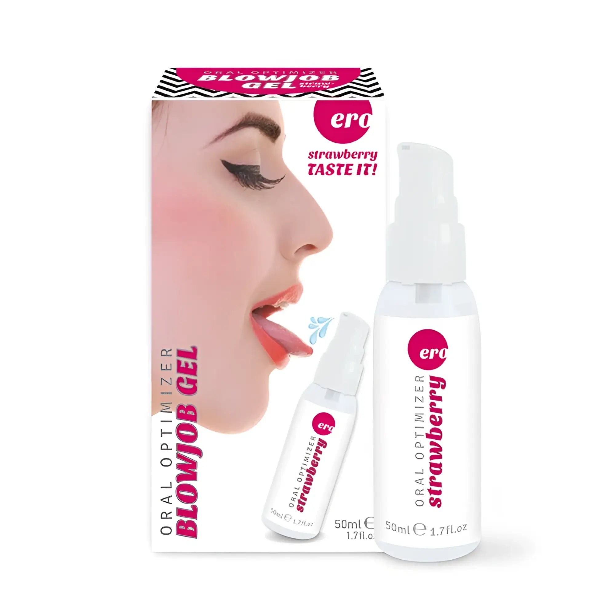 White plastic spray bottle with pink ero logo containing hot ero oral optimizer blowjob gel strawberry flavor 50ml
