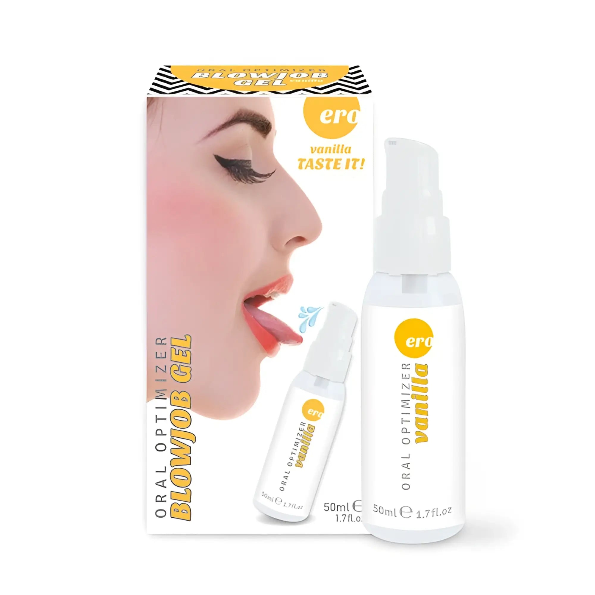 White spray bottle with orange and black era oral optimizer vanilla branding for blowjob gel 50ml use