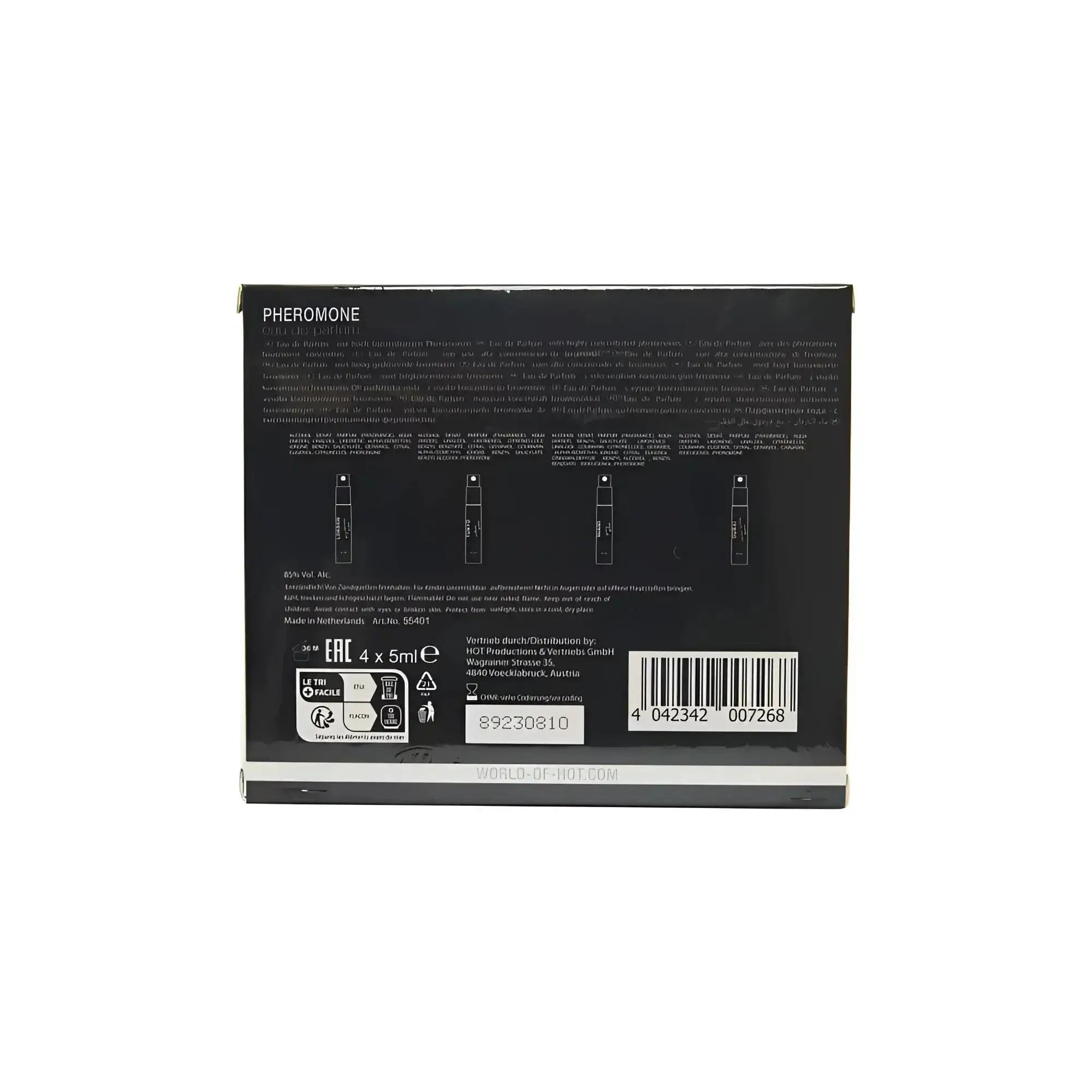 Black rectangular box for hot ero hot pheromone perfume men 4 x 5ml with white text and barcode on the back side