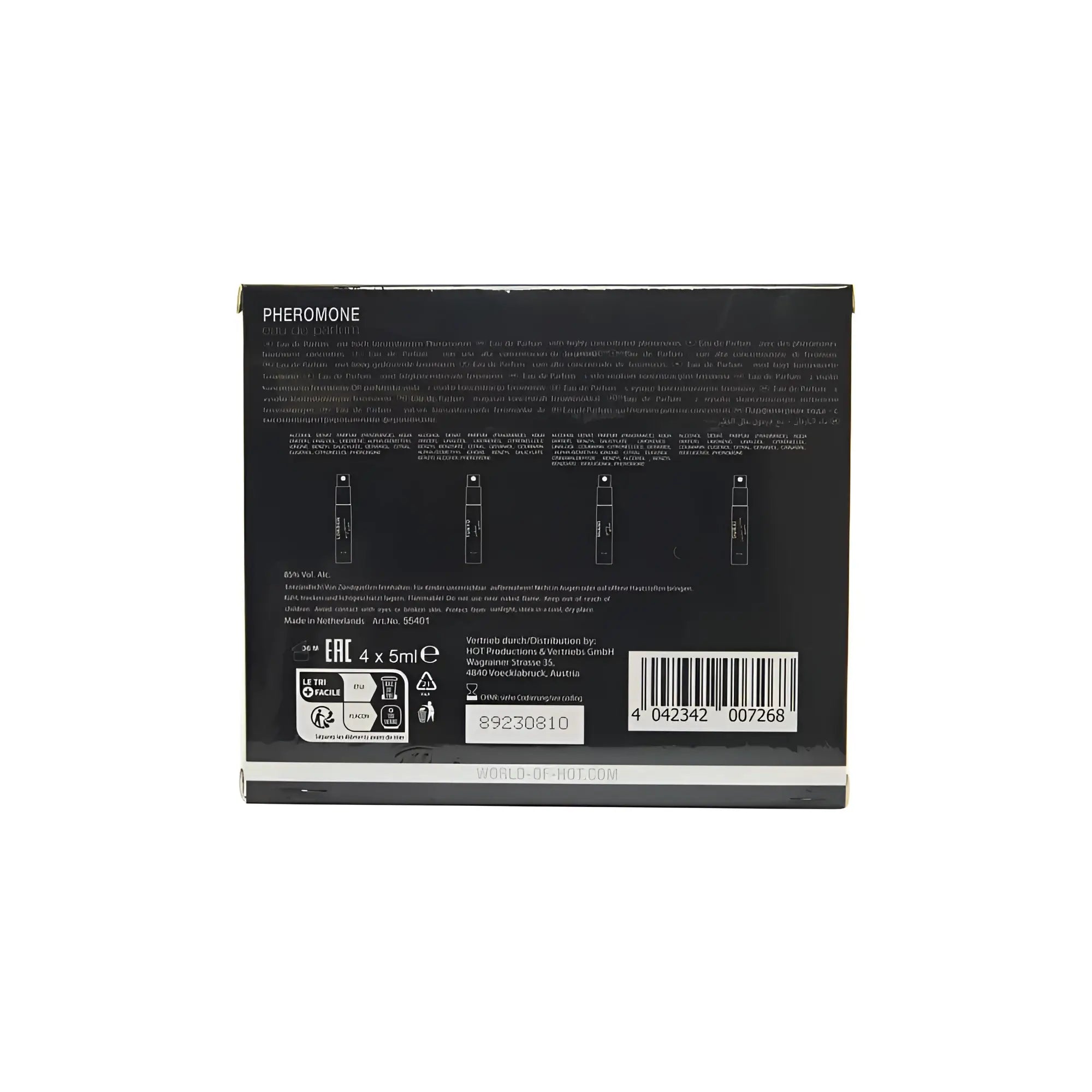 Black rectangular box for hot ero hot pheromone perfume men 4 x 5ml with white text and barcode on the back side