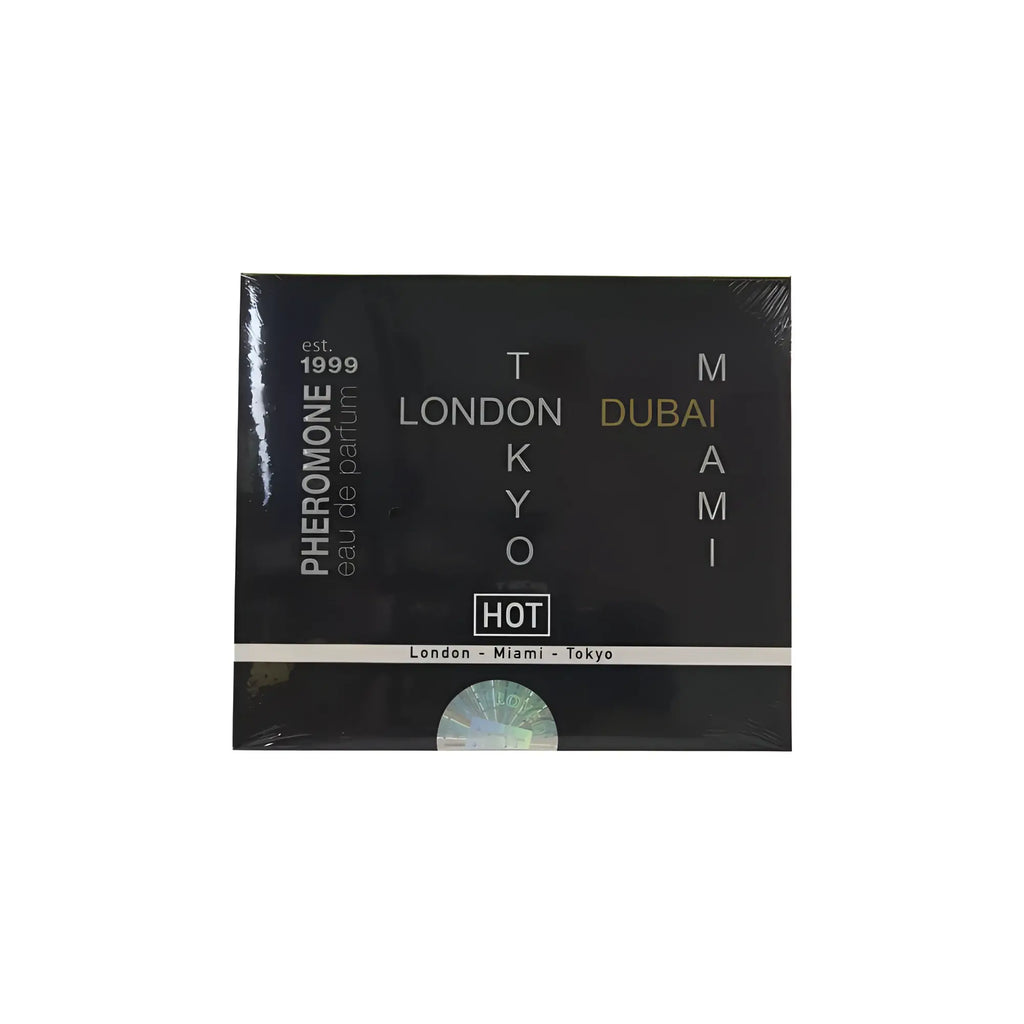Black rectangular box for hot ero hot pheromone eau de parfum men featuring gold and white text with holographic seal