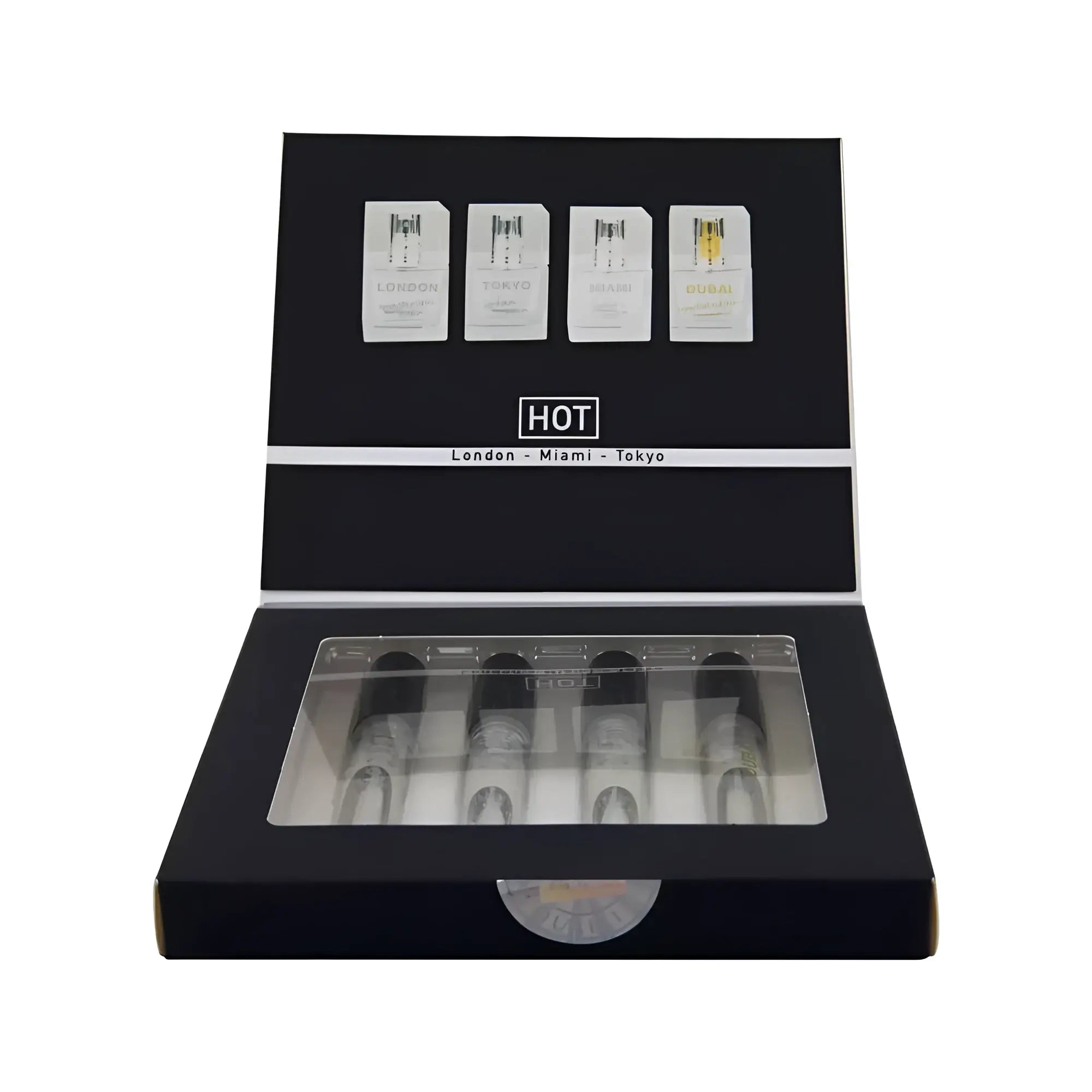 Black rectangular box with four clear glass hot ero pheromone perfume vials labeled london miami and tokyo for men