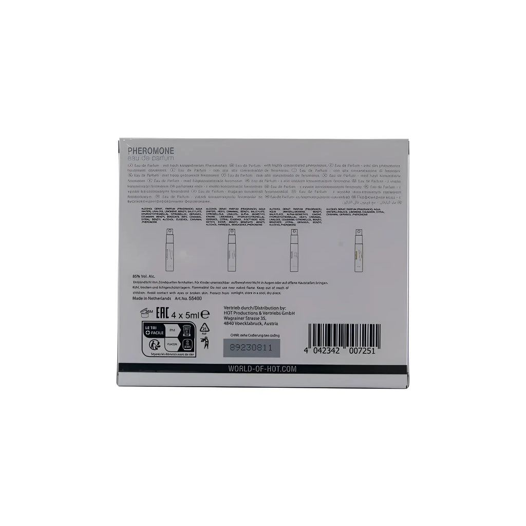Gray rectangular box of hot ero hot pheromone eau de parfum for women with white text and barcode on the back side