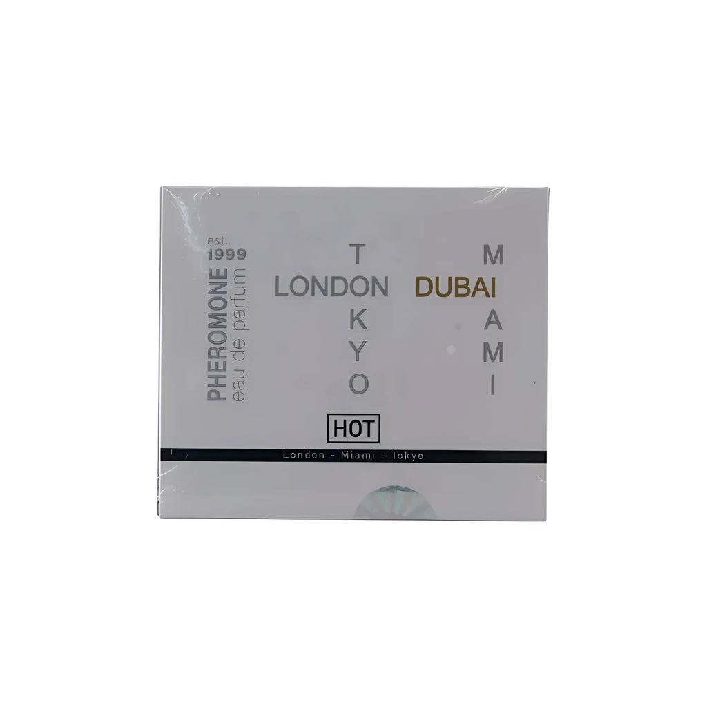 Silver rectangular box for Hot Ero HOT pheromone perfume with black and gold city name lettering for women 4 x 5ml