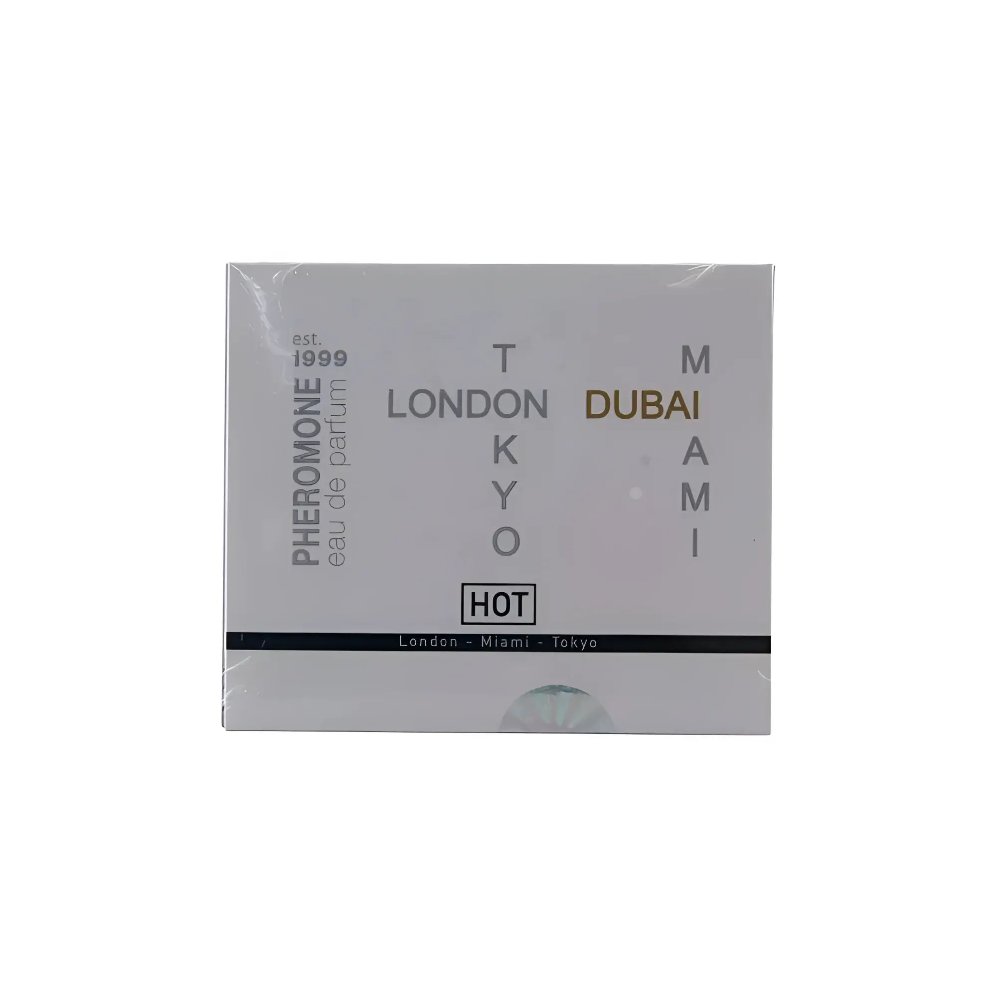 Silver rectangular box for Hot Ero HOT pheromone perfume with black and gold city name lettering for women 4 x 5ml