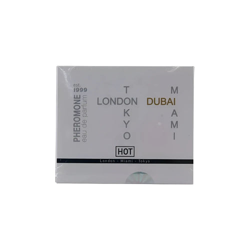 Silver rectangular box for Hot Ero HOT pheromone perfume with black and gold city name lettering for women 4 x 5ml
