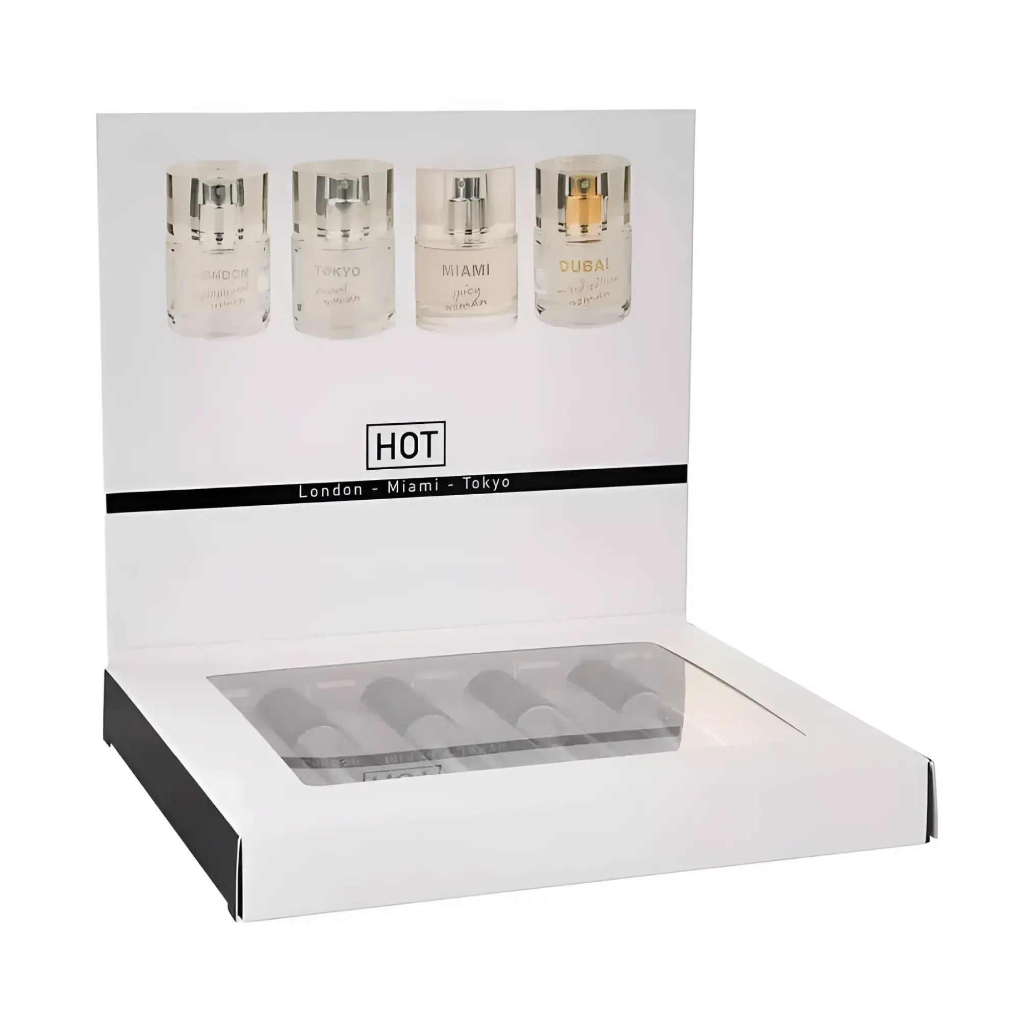 White cardboard display box with clear window showing four 5ml hot pheromone perfume bottles labeled london miami tokyo dubai
