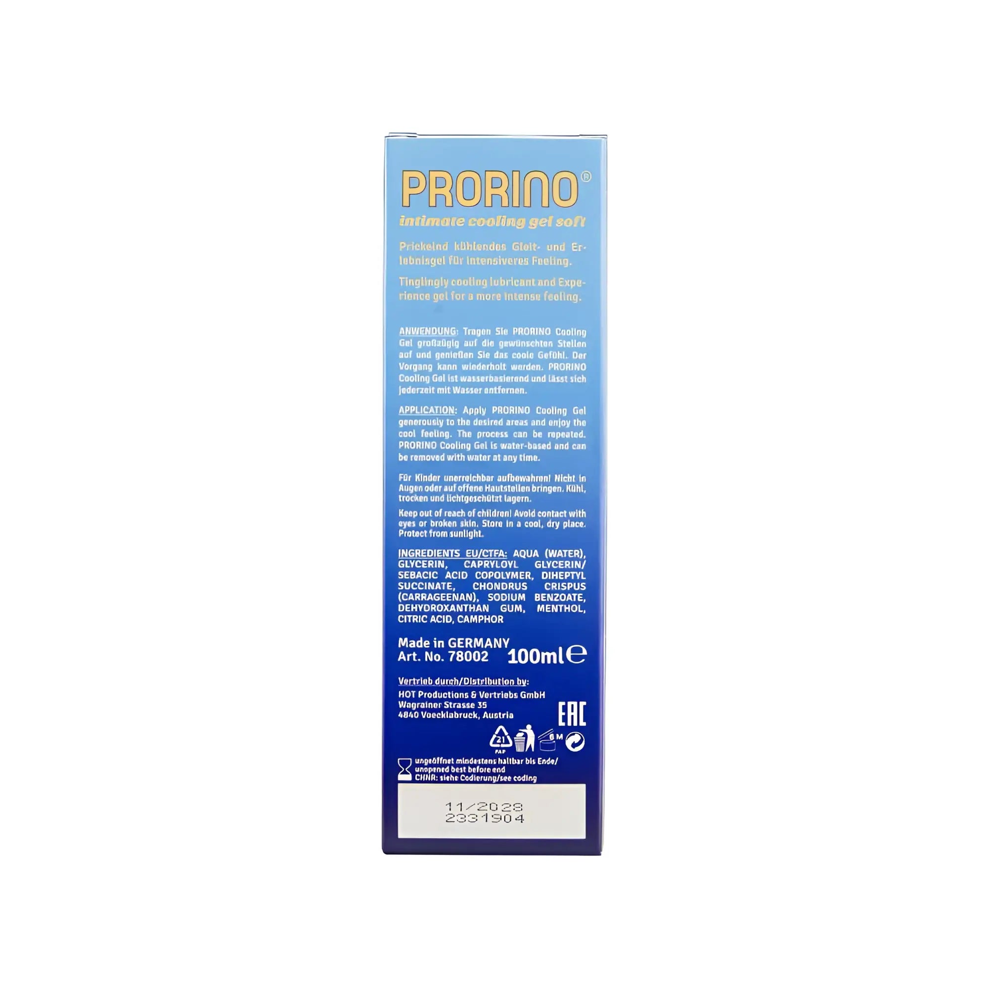 Blue and white rectangular box of prorino cooling gel with gold lettering for hot ero prorino cooling gel soft 100ml