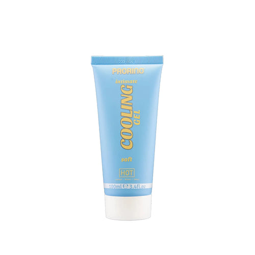 Light blue prorino intimate cooling gel tube with gold lettering and white cap for soothing and refreshing use