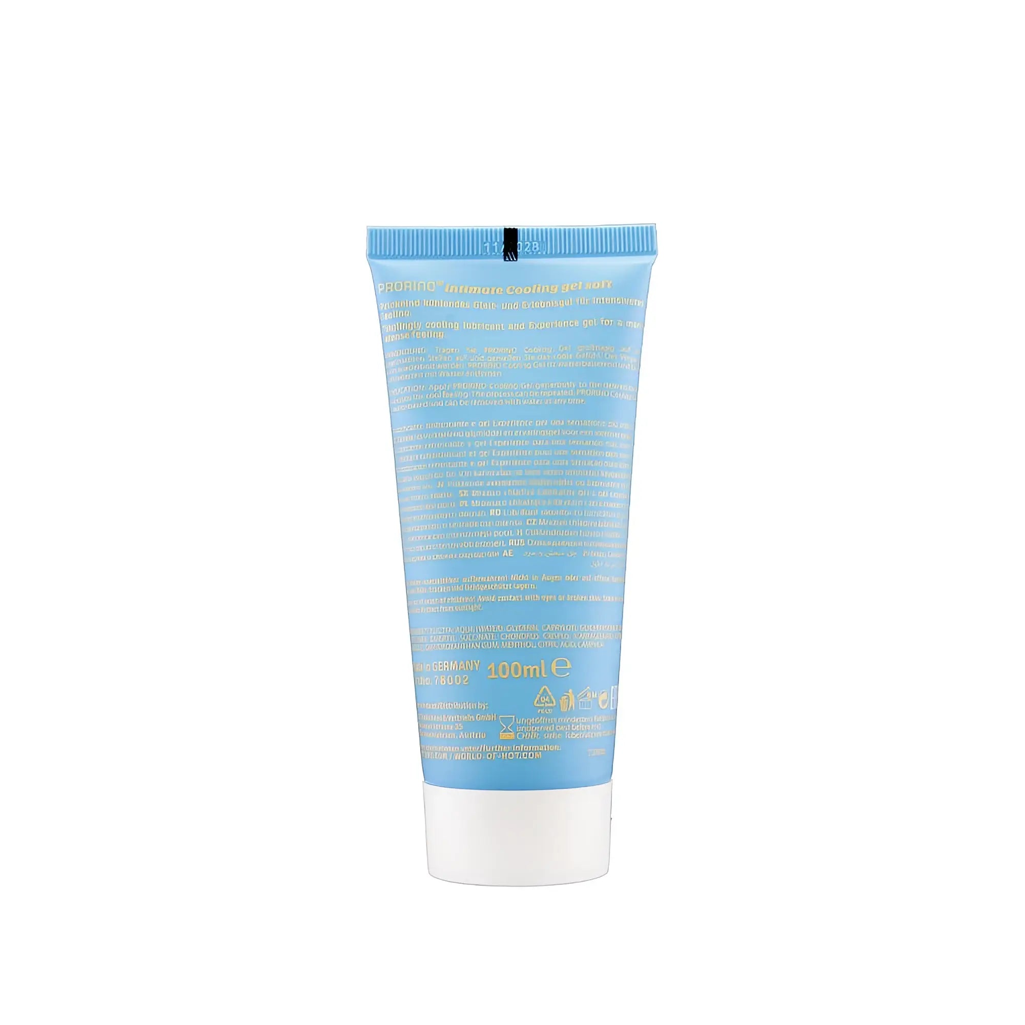 Light blue plastic tube with white cap and black flip-top seal labeled prunina ultimate cooling gel hot ero prorino cooling gel soft 100ml