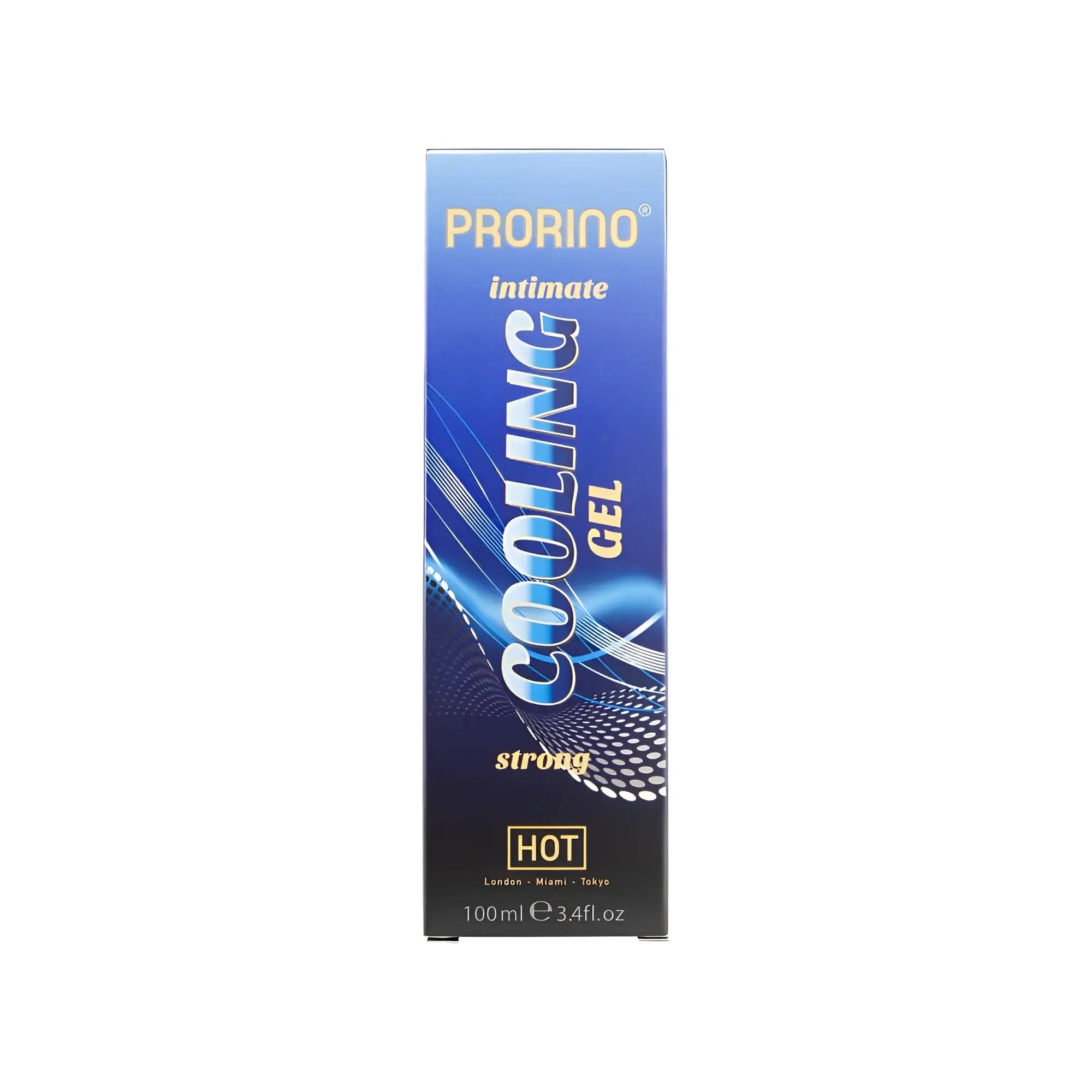 Blue and black rectangular box of prorino intimate cooling gel strong 100ml with hot badge for enhanced cooling effect