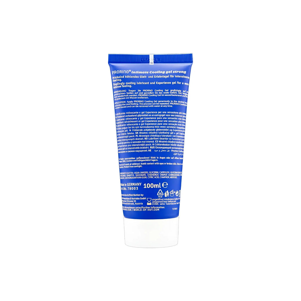 Blue plastic tube of profino intimate cooling gel strong 100ml for soothing and refreshing sensation