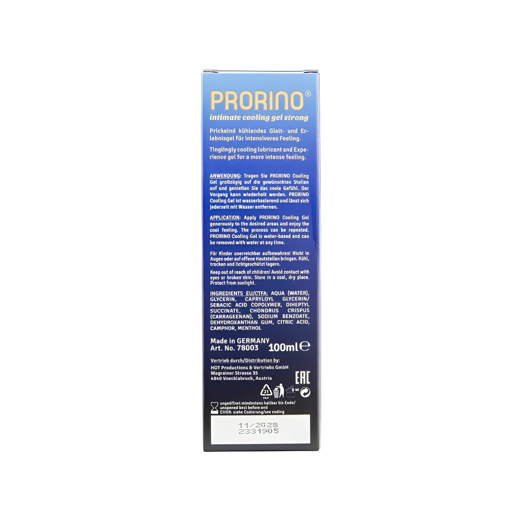 Blue and white rectangular box of Hot Ero prorino intimate cooling gel strong 100ml for soothing and refreshing use