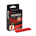 Red capsule-shaped hot ero prorino libido supplements for women in a black and red branded package 10 pc