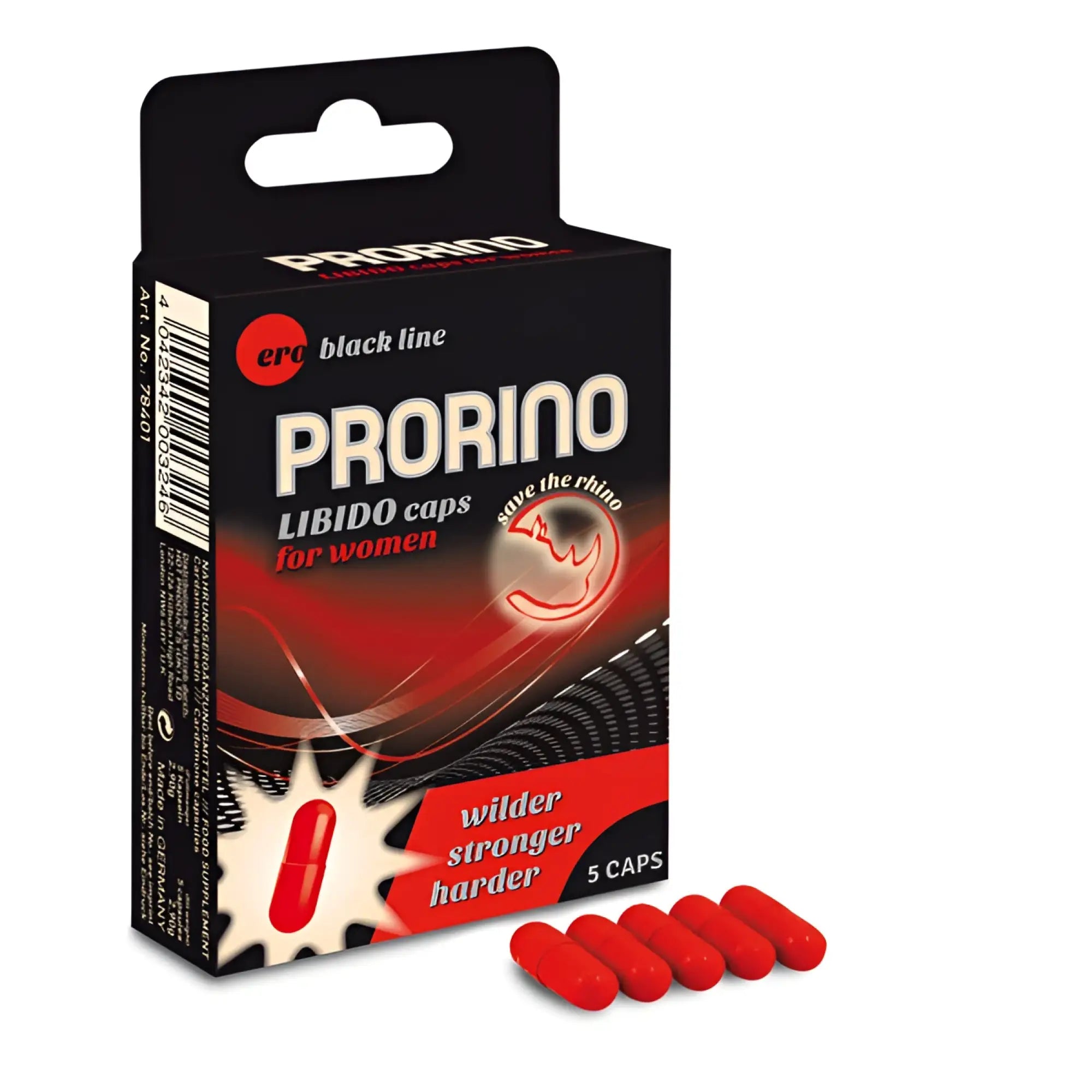 Red oval-shaped prorino libido capsules for women in black and red packaging for female libido support