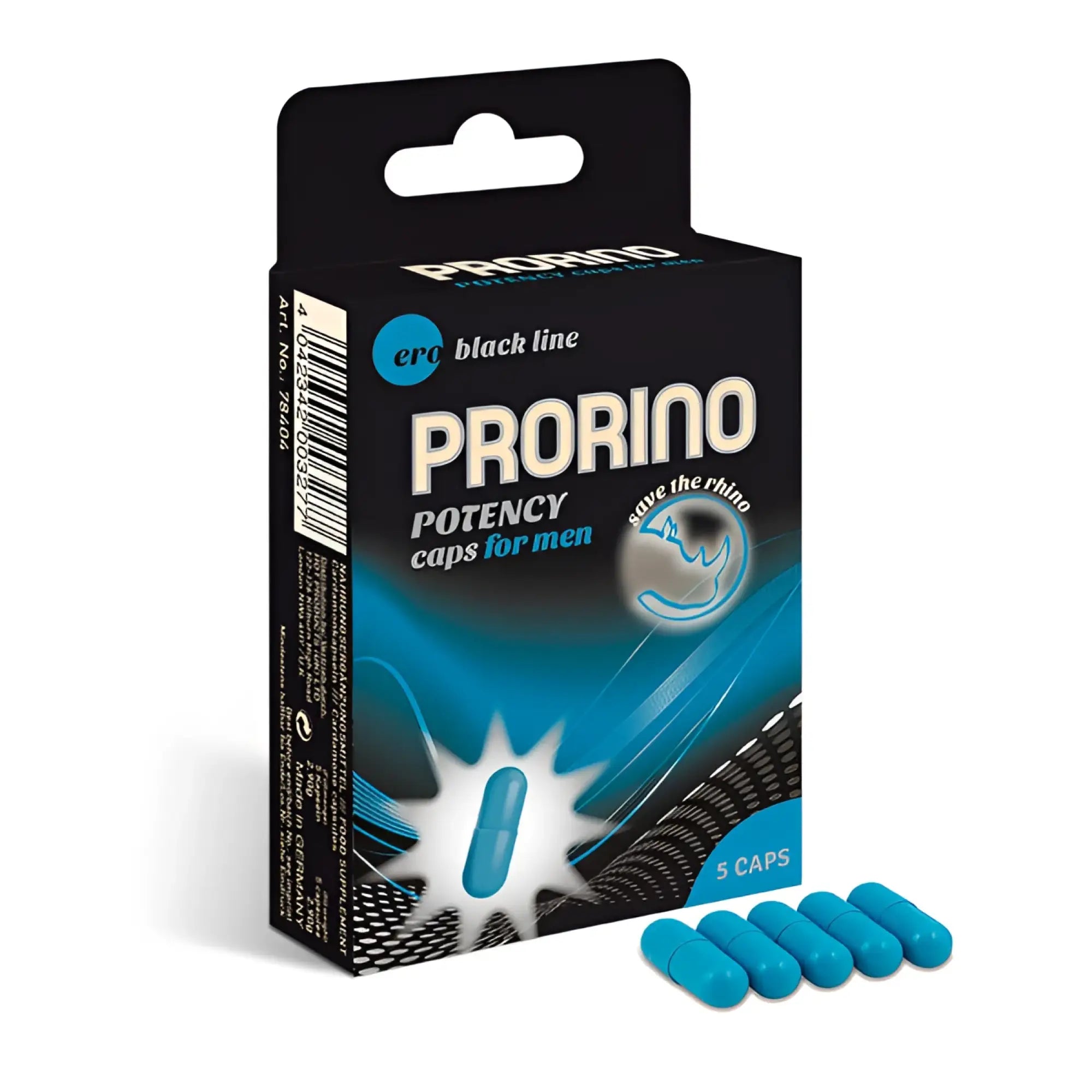 Blue capsule pills in black and blue prorino potency caps packaging for men hot ero 5 pc product