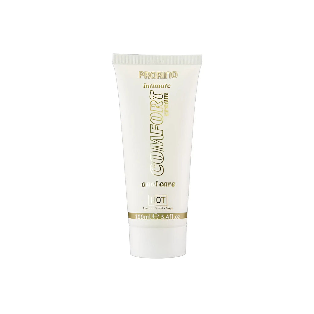A sleek white tube of hot ero prorino unisex sensitive anal comfort cream with elegant gold lettering and minimalist design