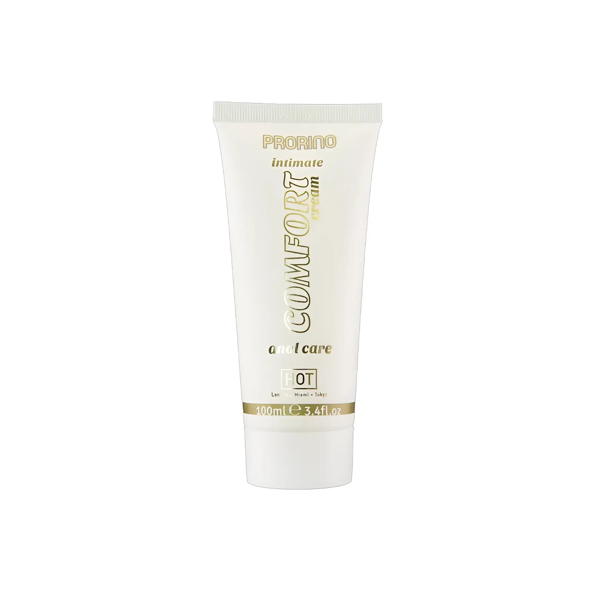 A sleek white tube of hot ero prorino unisex sensitive anal comfort cream with elegant gold lettering and minimalist design
