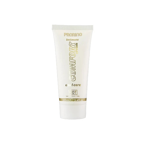 A sleek white tube of hot ero prorino unisex sensitive anal comfort cream with elegant gold lettering and minimalist design