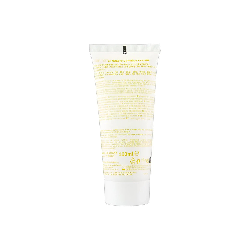 A translucent white tube of hot ero prorino unisex sensitive anal comfort cream with pale yellow text and minimalist design