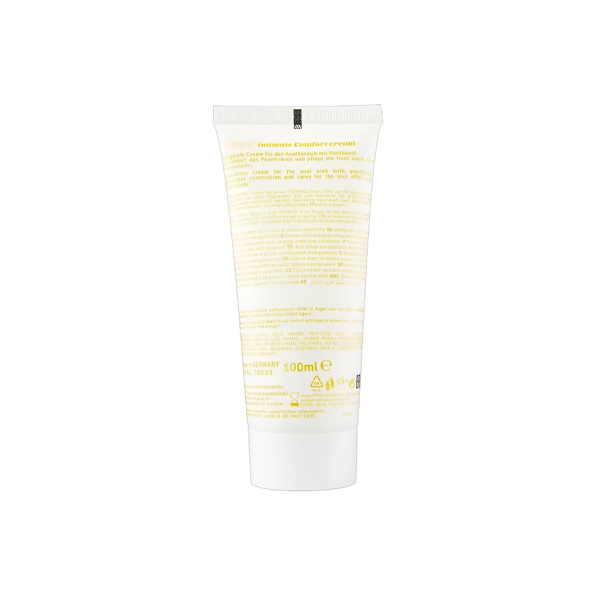 A translucent white tube of hot ero prorino unisex sensitive anal comfort cream with pale yellow text and minimalist design