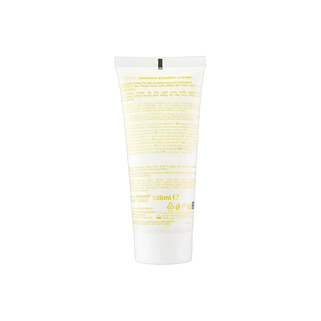A translucent white tube of hot ero prorino unisex sensitive anal comfort cream with pale yellow text and minimalist design