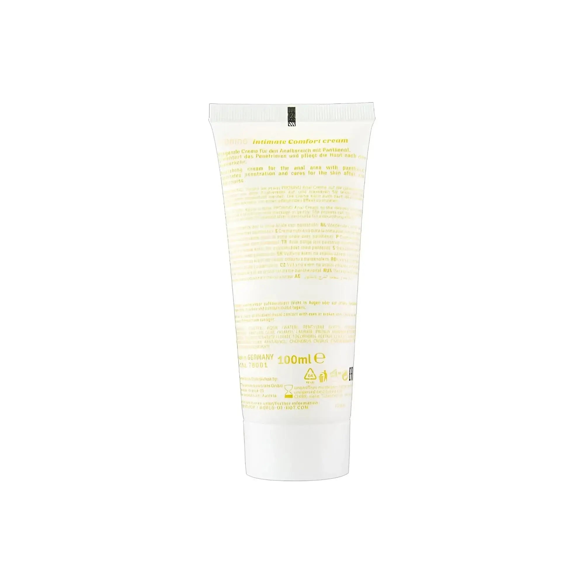 A translucent white tube of hot ero prorino unisex sensitive anal comfort cream with pale yellow text and minimalist design