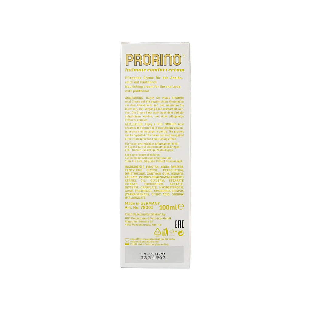White rectangular box of prorino unisex sensitive anal comfort cream 100ml for intimate comfort and care