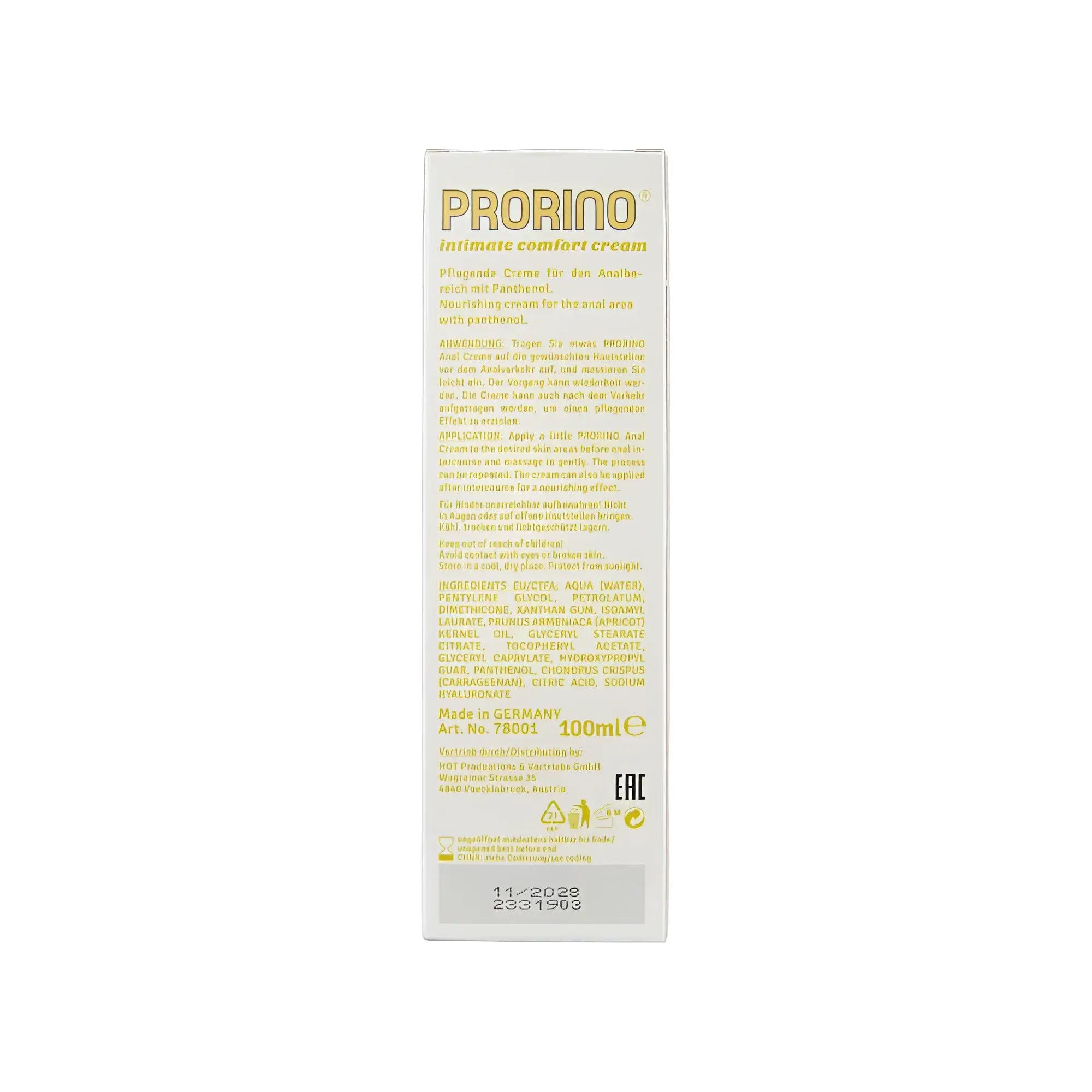 White rectangular box of prorino unisex sensitive anal comfort cream 100ml for intimate comfort and care