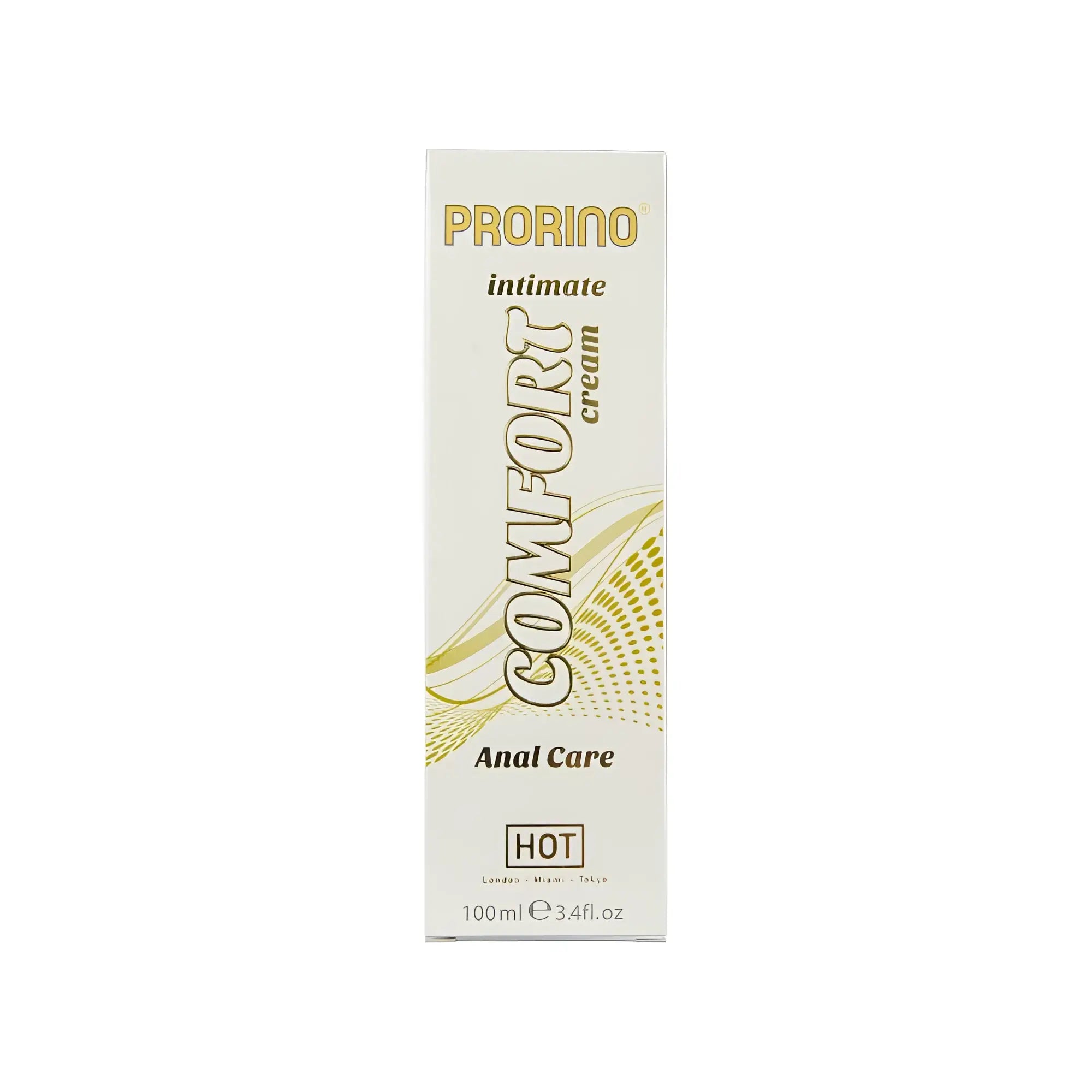 White rectangular box of prorino comfort cream with gold and black text featuring a subtle wave design for unisex anal use