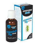 Black glass bottle with white cap and blue label containing hot ero spanish fly extreme men drops 30ml liquid
