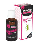 Dark amber glass bottle with white ribbed cap and black label with pink text for hot ero spanish fly extreme women drops 30ml