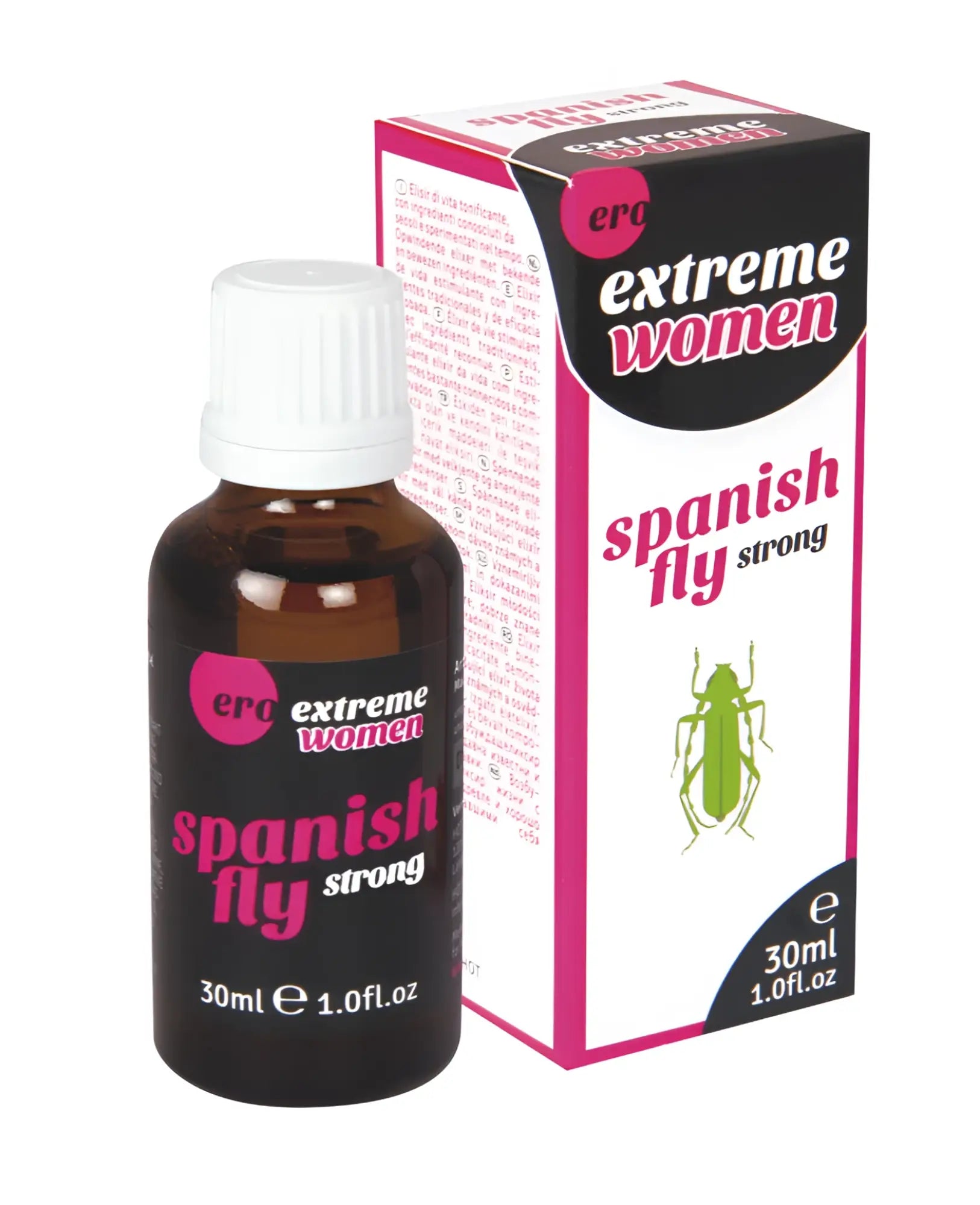 Dark amber glass bottle with white ribbed cap and black label with pink text for hot ero spanish fly extreme women drops 30ml