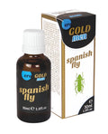 Dark amber glass bottle with white cap and black label ero gold men spanish fly next to matching box hot ero spanish fly gold men drops 30ml