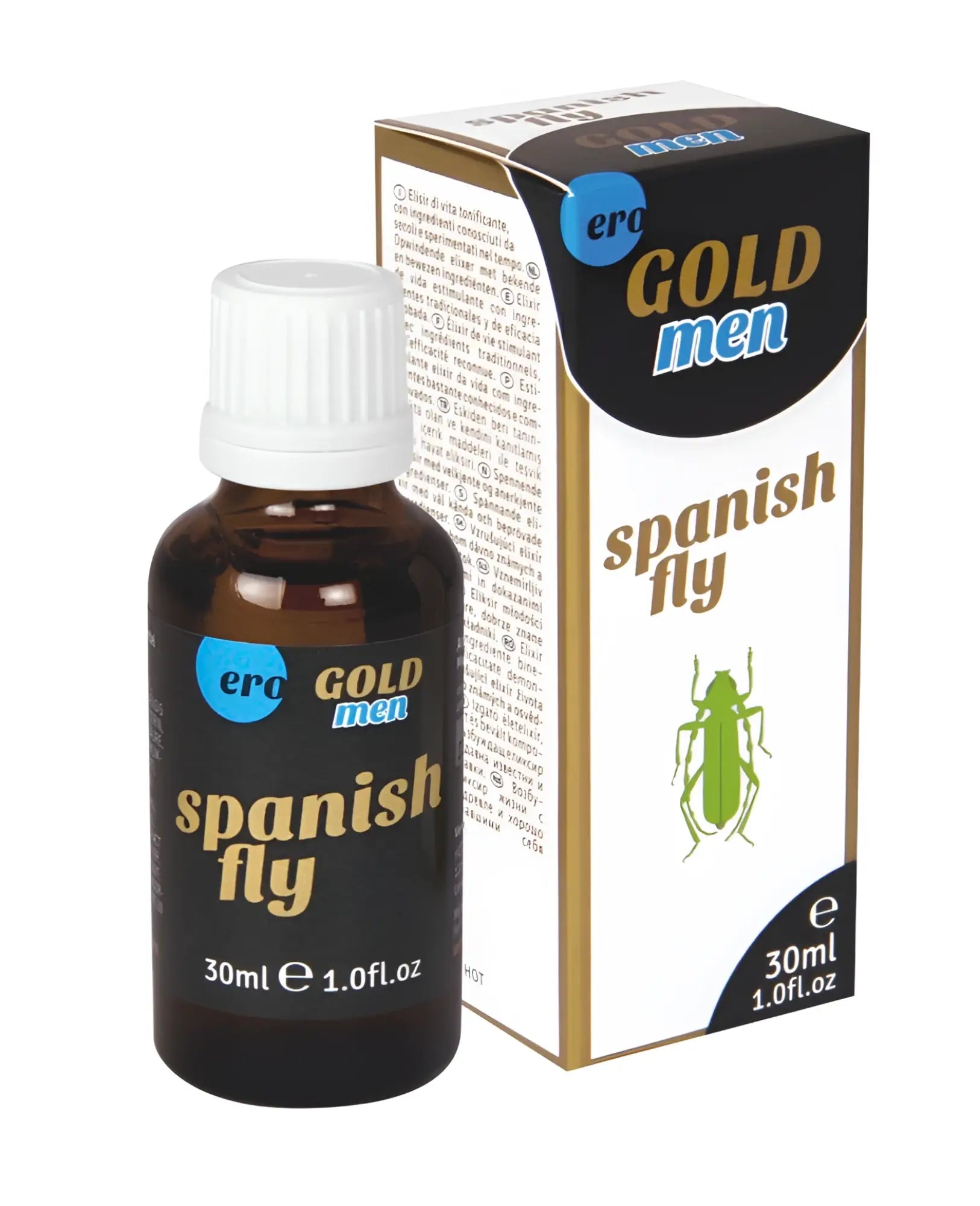 Dark amber glass bottle with white cap and black label ero gold men spanish fly next to matching box hot ero spanish fly gold men drops 30ml