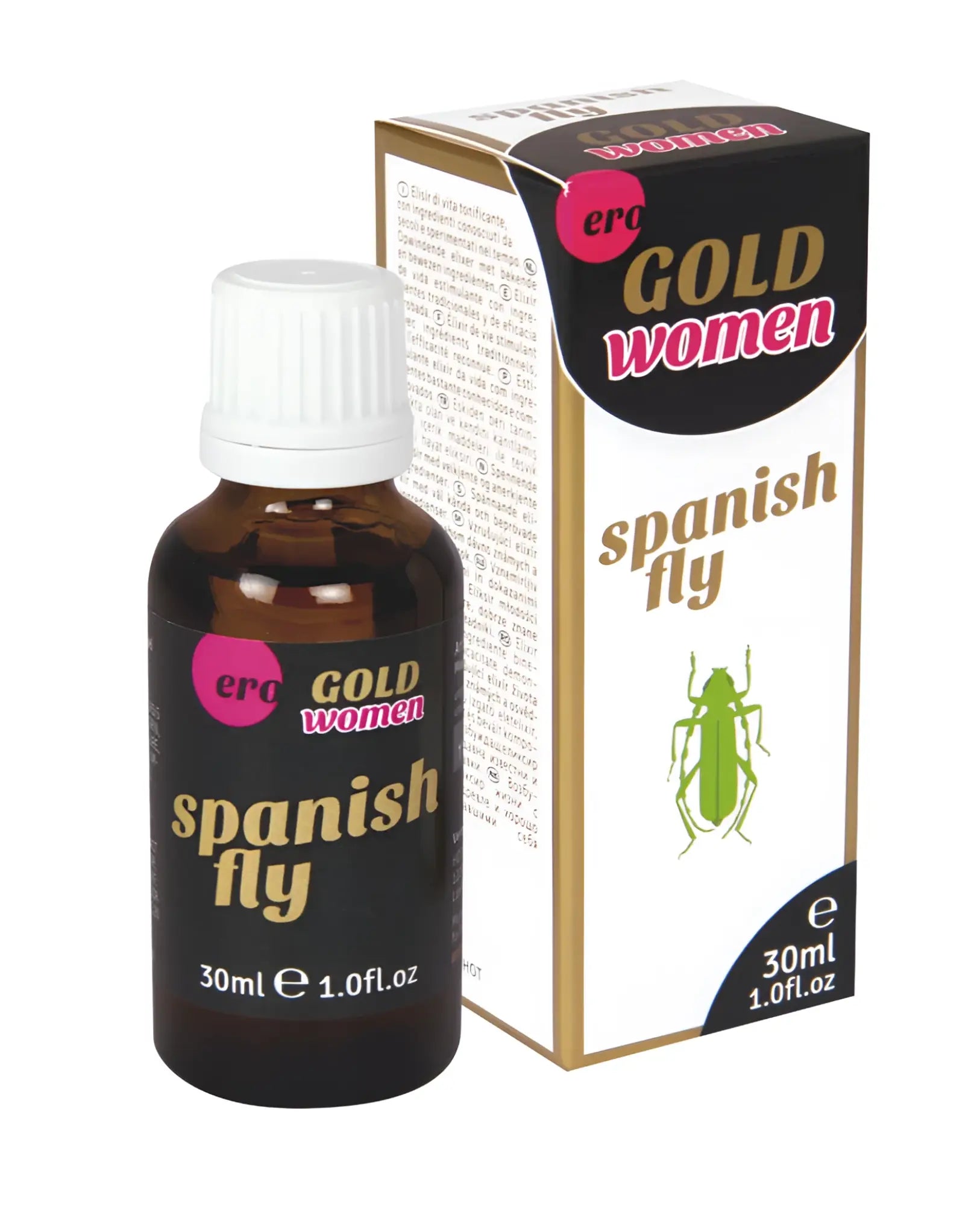 Dark amber glass bottle with white cap and black label reading era gold women spanish fly next to matching box for hot ero drops