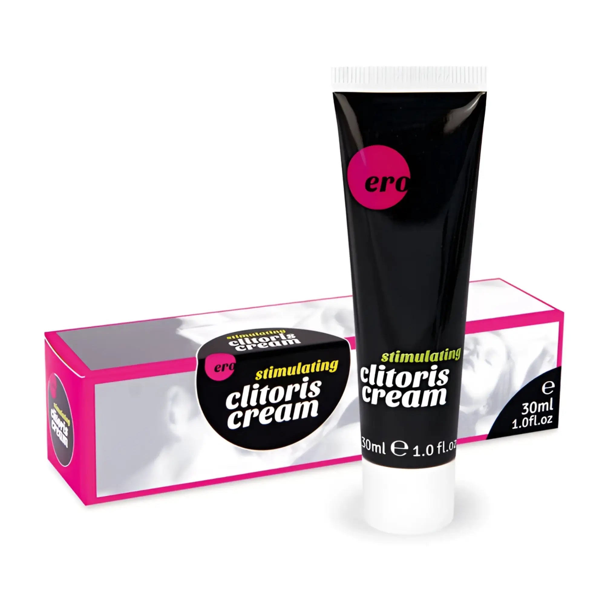 Black tube with pink logo and white text labeled stimulating clitoris cream alongside matching pink and silver box Hot Ero 30ml