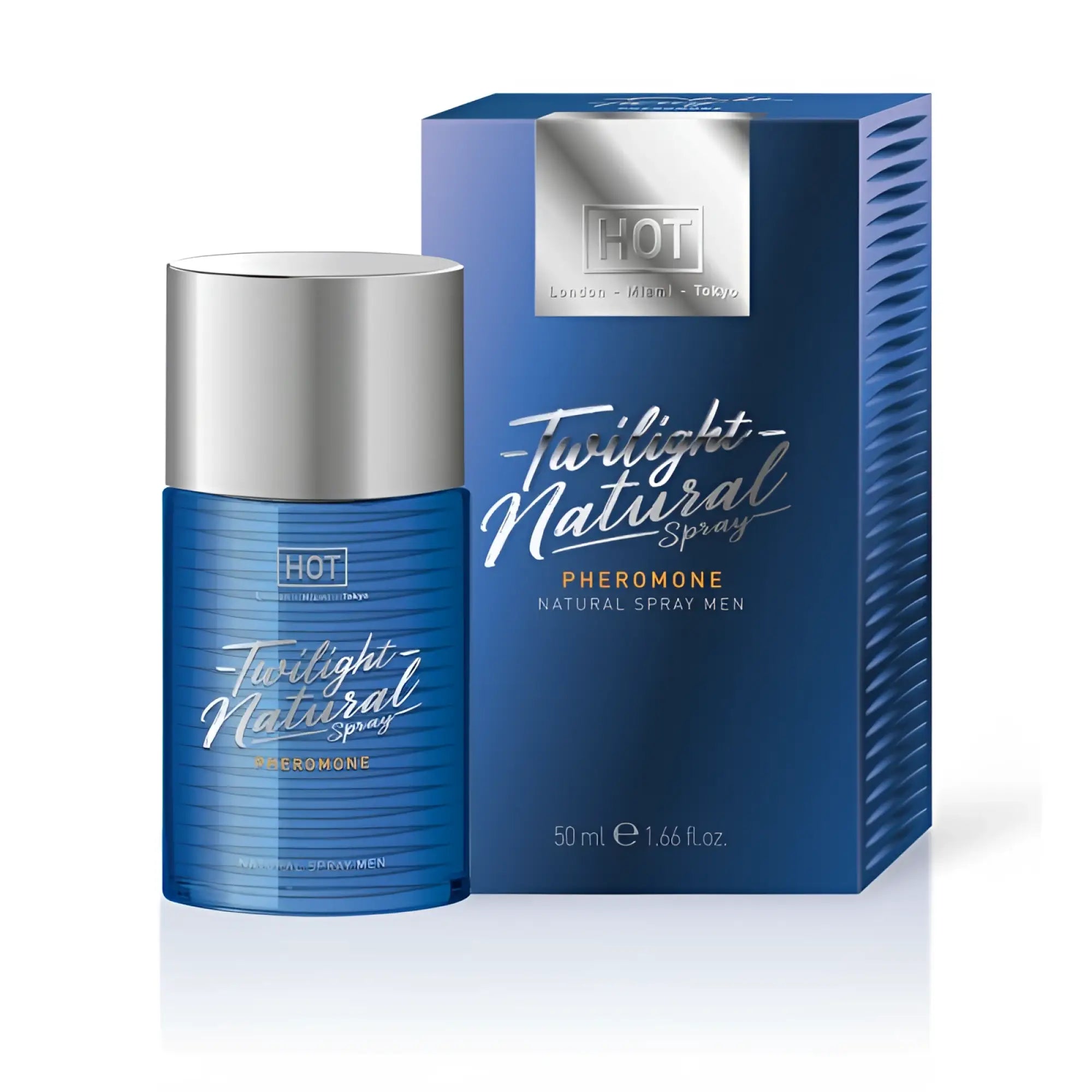 Blue translucent bottle with silver cap and twilight natural spray branding next to matching blue box for men 50ml