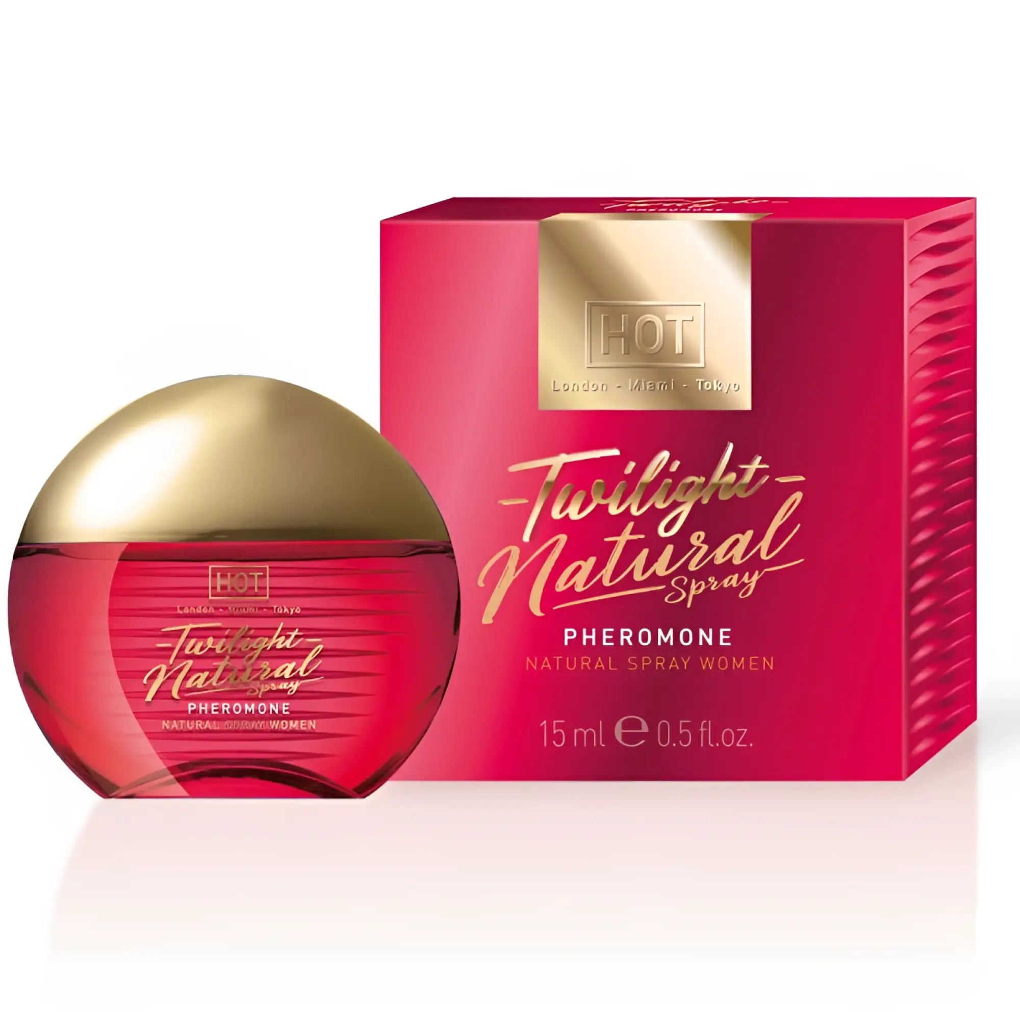 A vibrant red spherical perfume bottle with a glossy gold cap and embossed branding beside a pink box for Hot Ero HOT Twilight Pheromone Natural Spray Women 15ml
