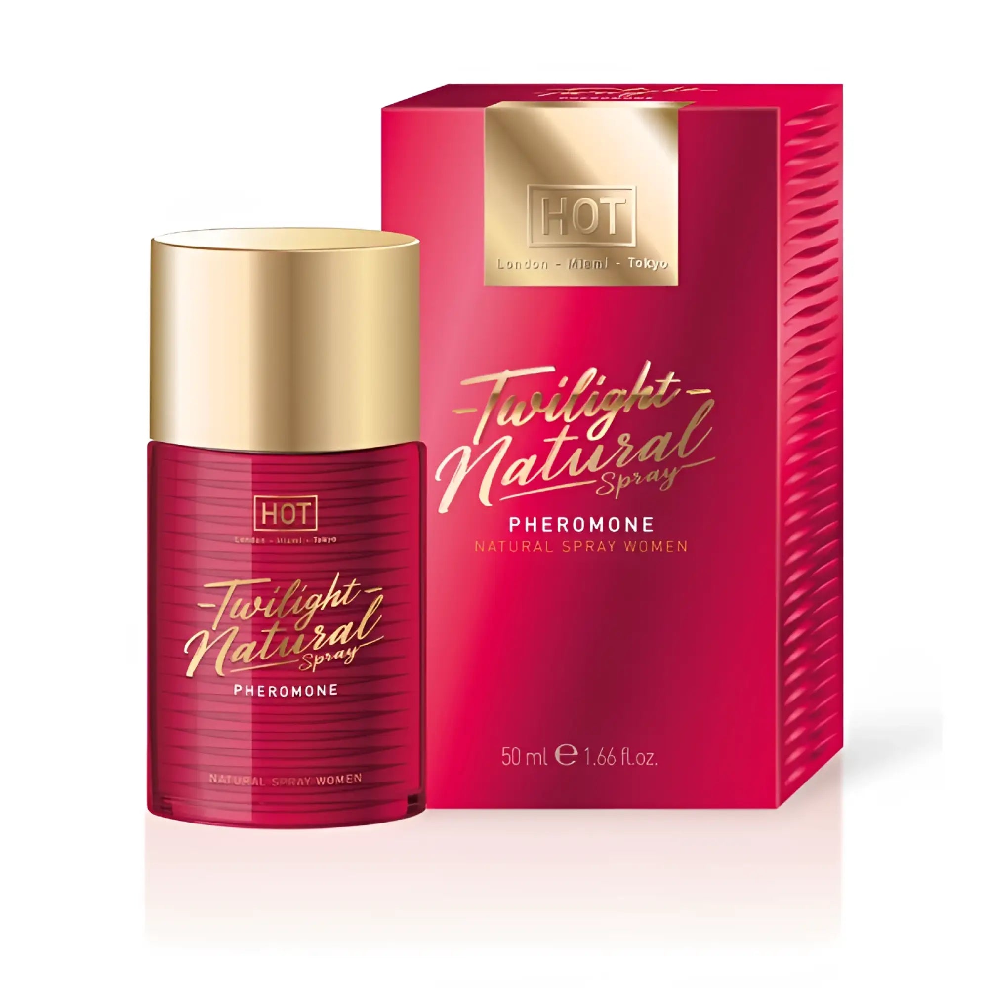 A vibrant red ribbed glass bottle with gold cap and label of Hot Ero HOT Twilight Pheromone Natural Spray women 50ml