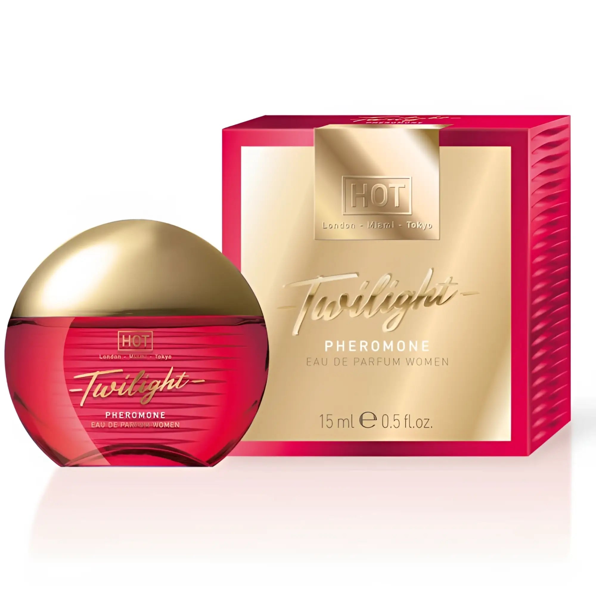 Hot Ero hot twilight pheromone perfume women 15ml in a red and gold sleek rounded bottle with a metallic cap