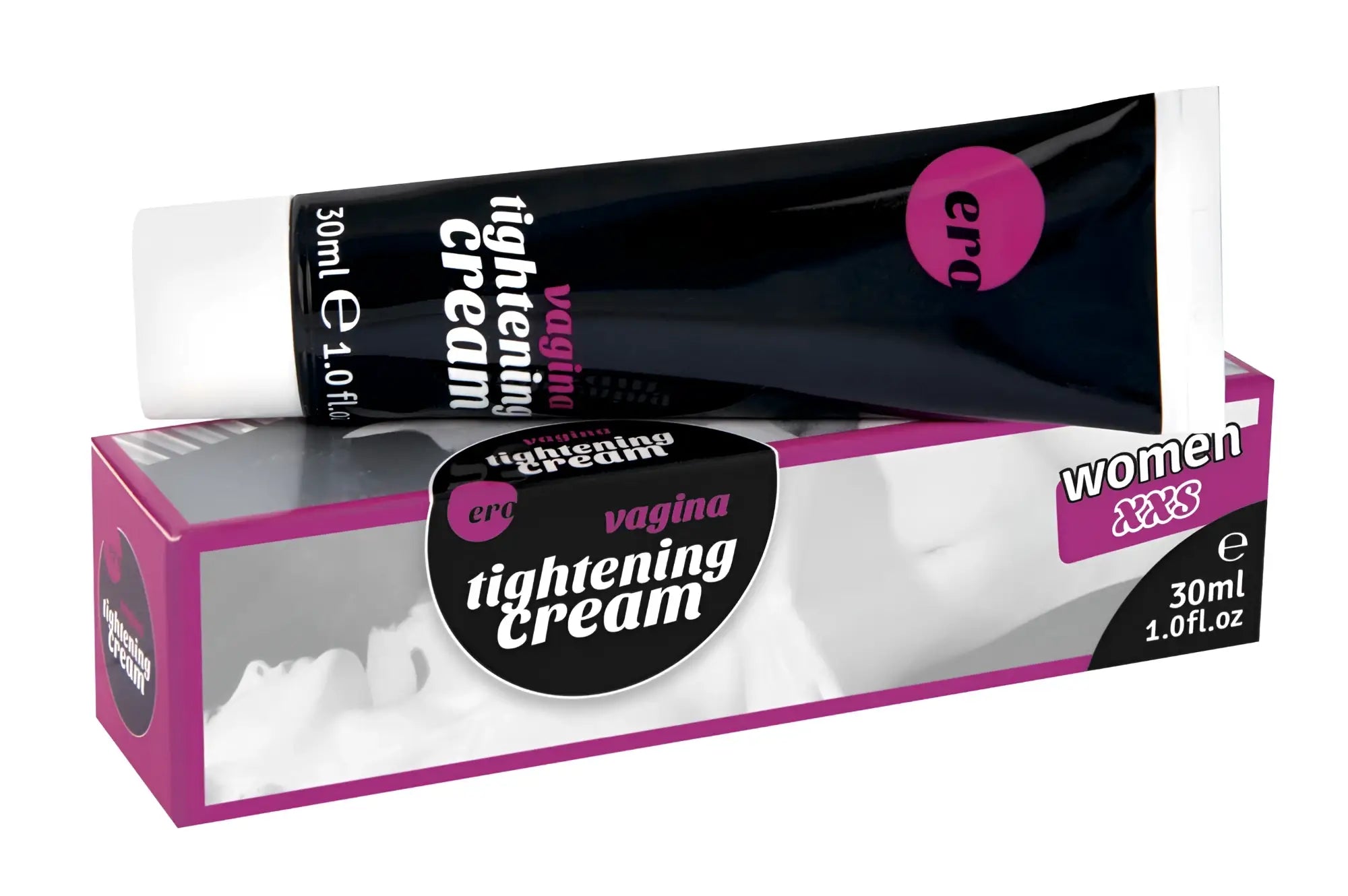 Black tube of Hot Ero vagina tightening XXS cream 30ml with pink logo and matching box with magenta accents and grayscale design
